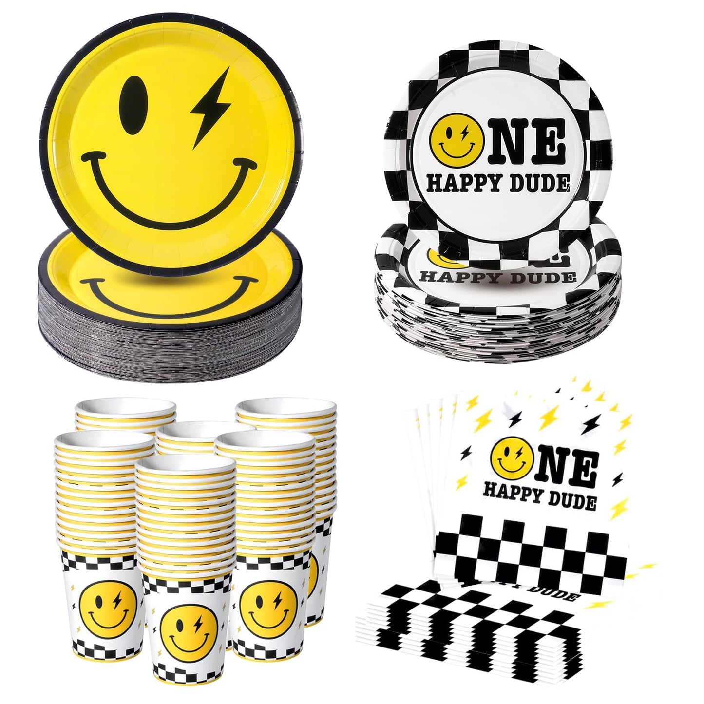 200Pcs One Happy Dude Birthday Plates Yellow Smile Face Party Plates One Happy Dude Paper Plates Cups Napkins Decor Disposable P