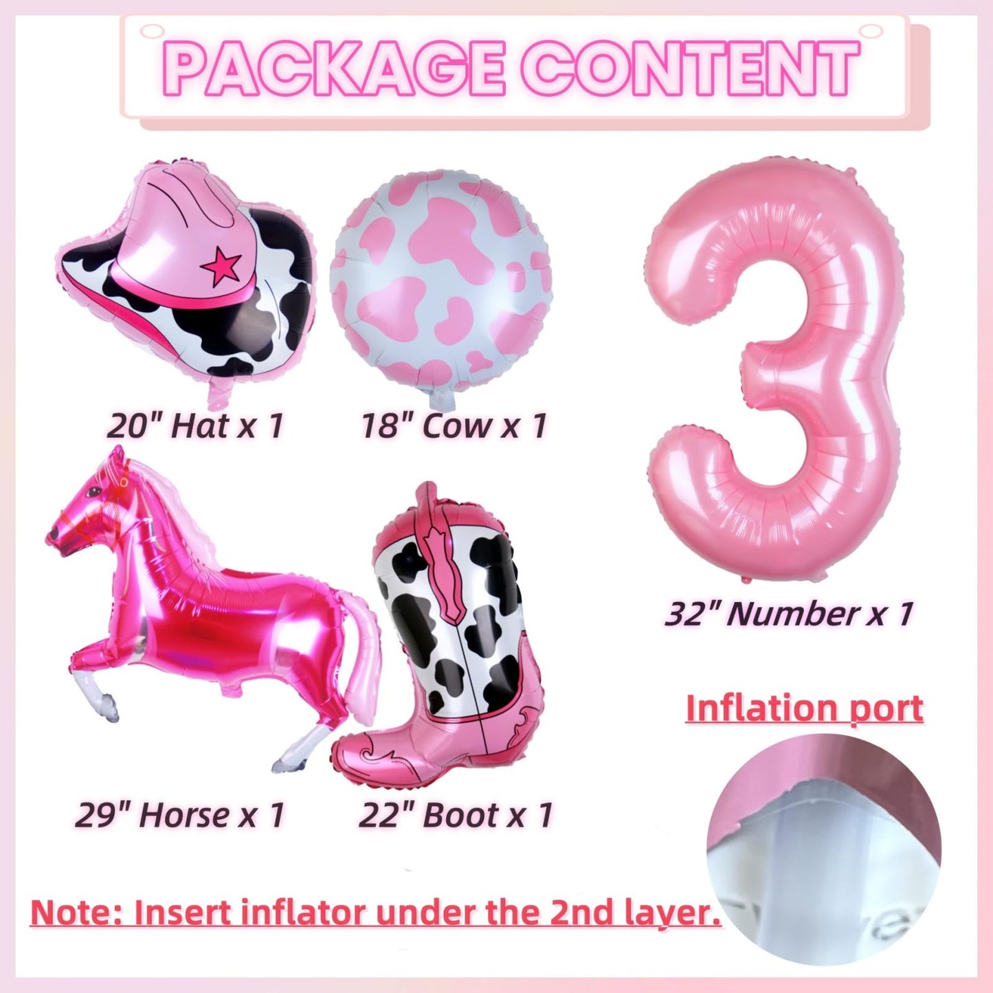 Kwuz Western Cowgirl Balloons Pink 3rd Birthday Party Decorations, Retro Horse Cowgirl Hat Boot Balloons Girls Western Theme Rod