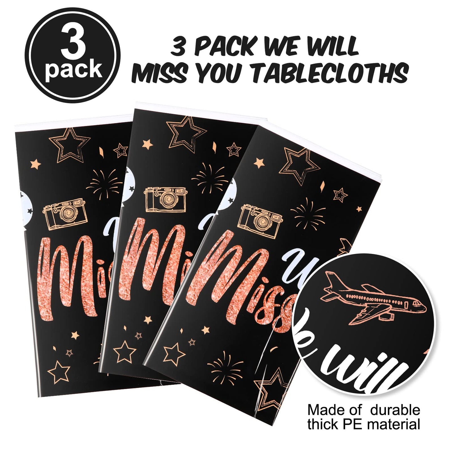 3 Pieces We Will Miss You Tablecloth Going Away Party Decorations Retirement Themed Table Cover Stars Disposable Plastic Table Cloth For Farewell Anniversary Party Supplies (Rose And Gold)