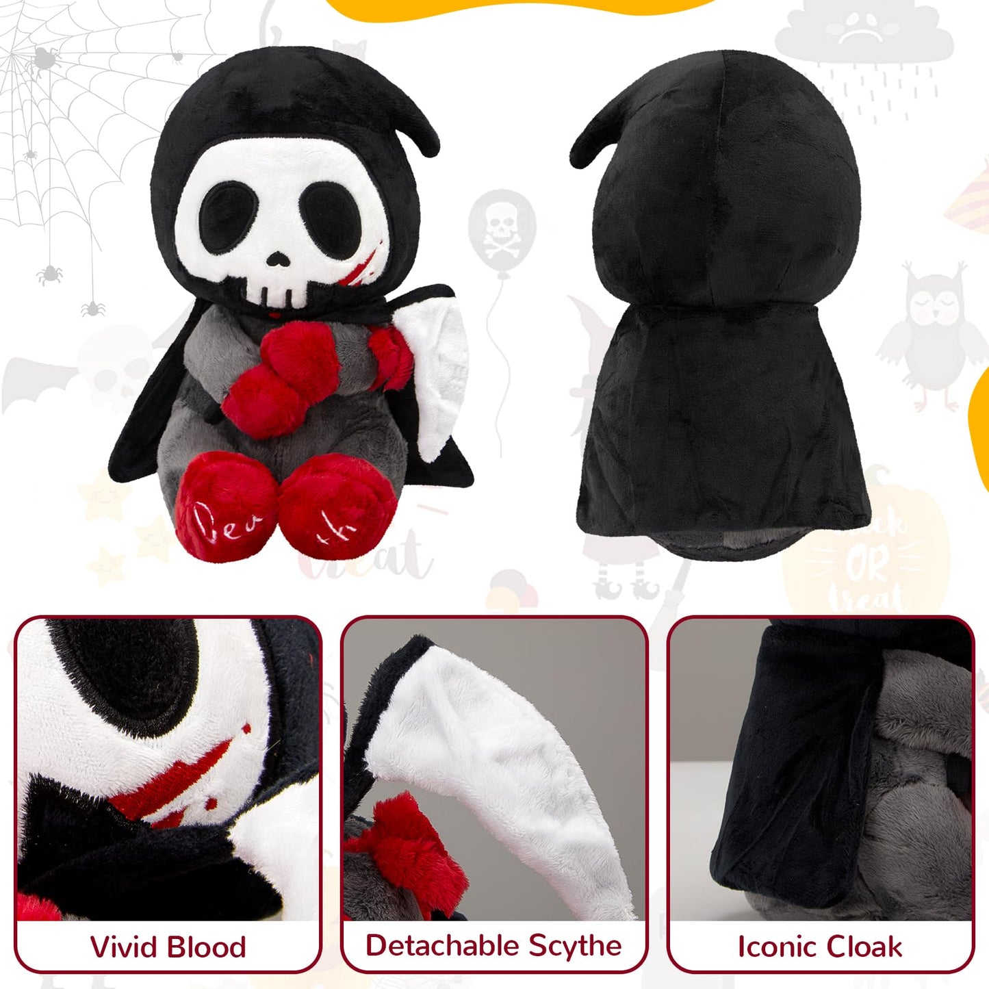 SpecialYou 10" Otto Reaper Plush Toy - Halloween Skull Grim Reaper with Black Cape & Detachable Scythe, Funny Holiday Ghost Doll