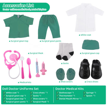 Msyo Doll Doctor Outfits And Medical Kit Accessories For 18 Inch Fashion Dolls, Includes White Coat, Green Scrubs, Doctor Surgic