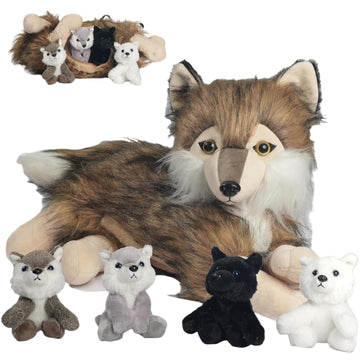 5Pcs Wolf Stuffed Animal Plush Wolf Toys Inside 16 Inch Mommy Wolf Plush With 4 Cute Baby Wolves In Her Zippered Tummy Soft Wolf