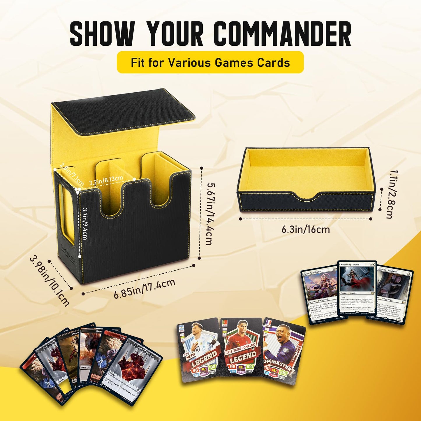TiMOVO MTG Deck Box  MTG Commander Card Deck Box with Commander Display & Dice Tray Fits 400+ Unsleeved Cards  Leather Magnetic Card Storage Case with 6 Dividers for TCG CCG Magic Cards  Black+ Yellow