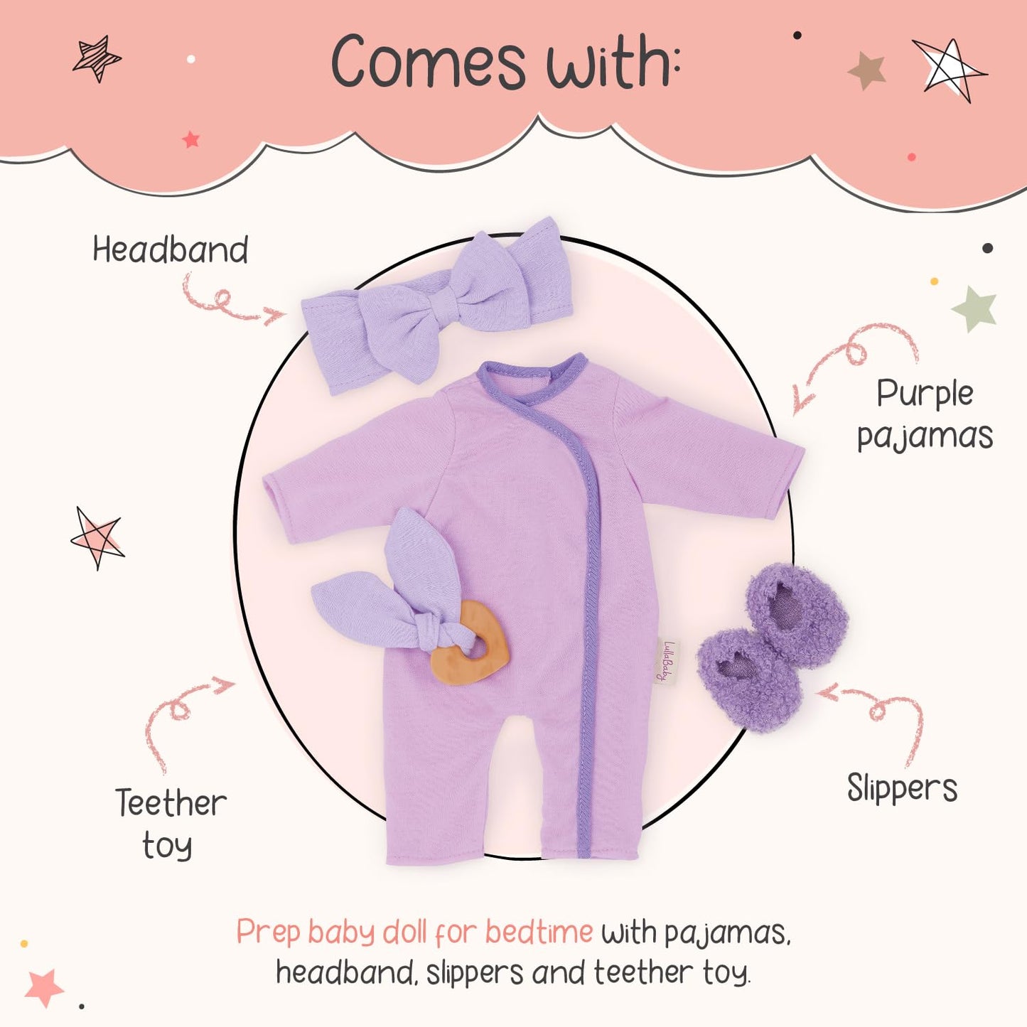 Lullababy - 14-Inch Baby Doll Clothes - Purple Pajama Onesie - Headband, Teether & Slippers Accessories - Imaginative Play - Toy