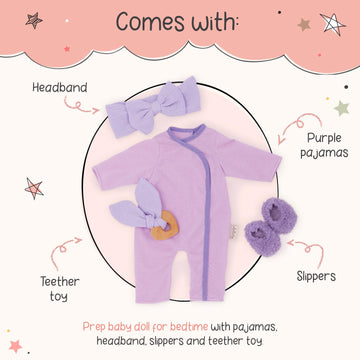 Lullababy - 14-Inch Baby Doll Clothes - Purple Pajama Onesie - Headband, Teether & Slippers Accessories - Imaginative Play - Toy