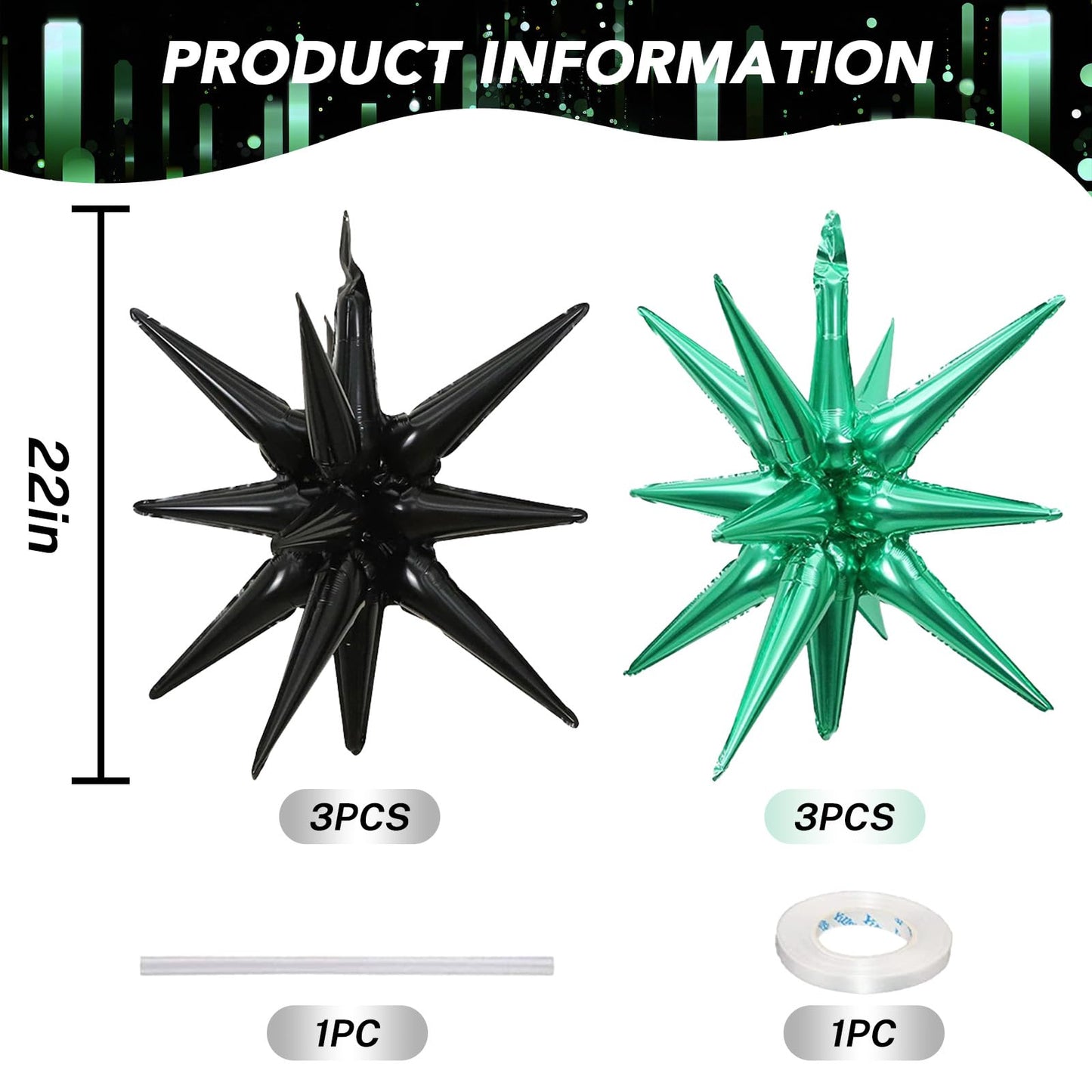 6PCS Star Balloons, 22Inch Large Black Green Star Balloon Explosion Foil Balloons Cone Spike Balloon for Birthday Graduation Wed