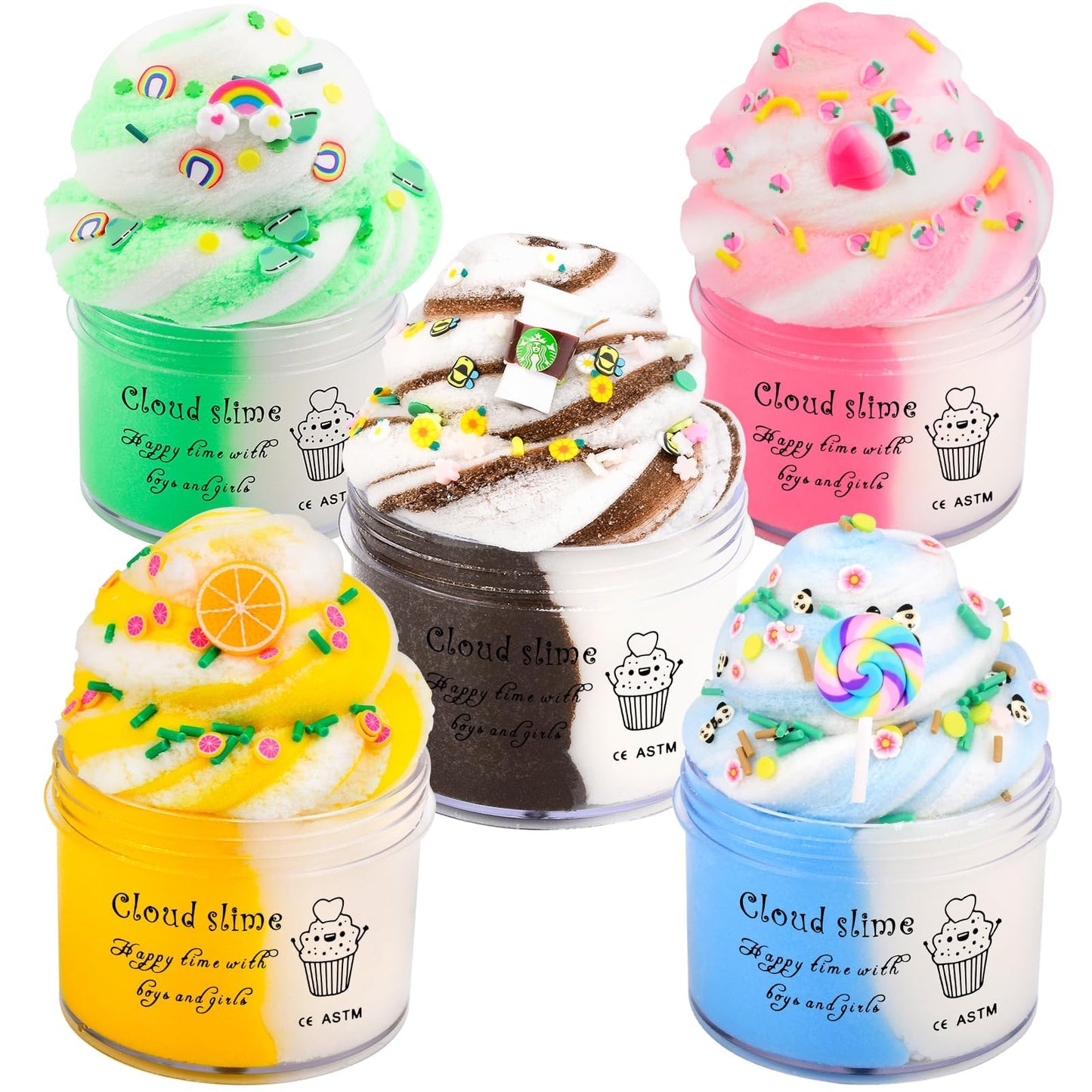 Cloud Slime Kit 5 Pack  with Peach Rainbow Lemon Coffee Slime Charms  DIY Slime Supplies for Girls and Boys  Stress Relief Toy for Kids Education  Party Favor  Gift and Birthday