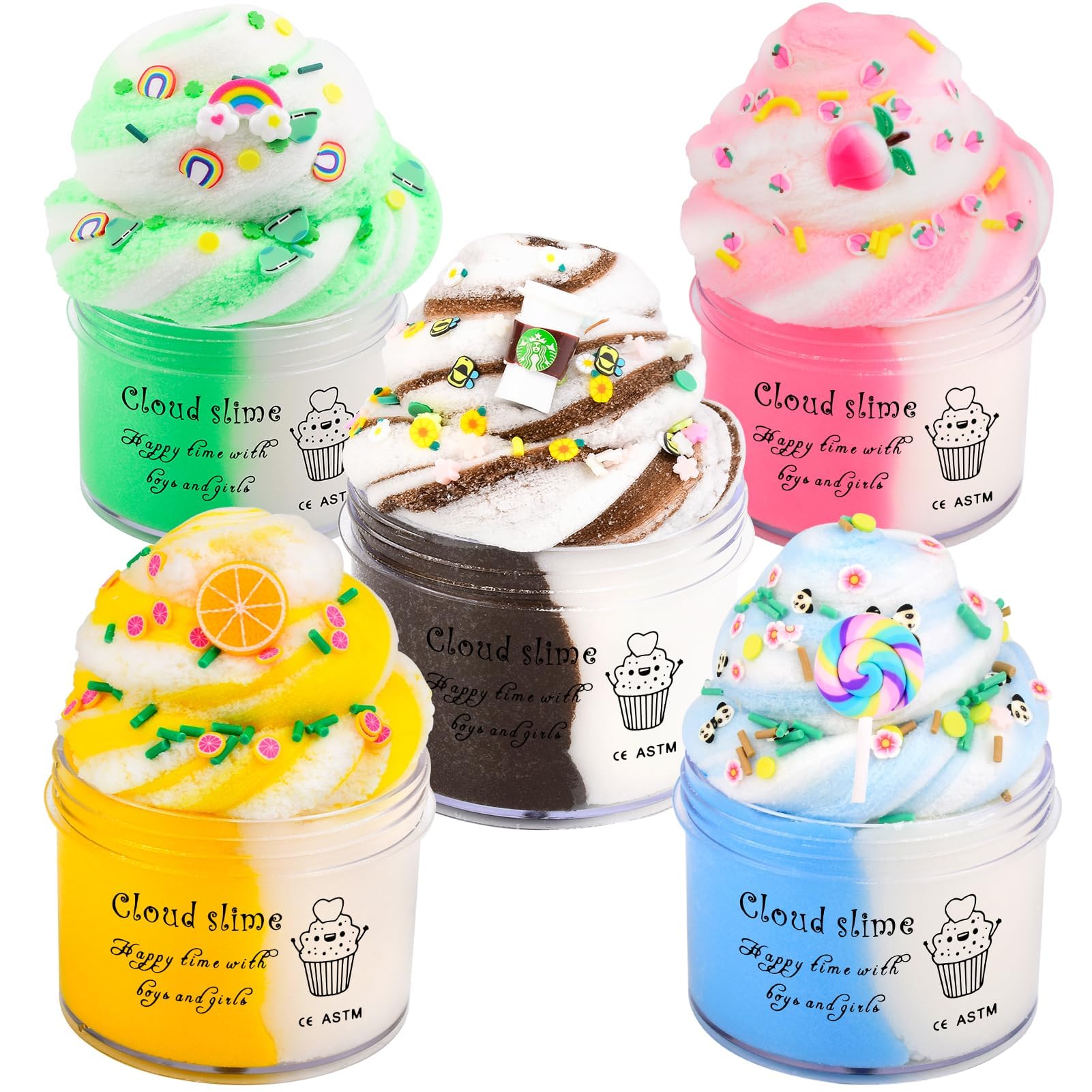 Cloud Slime Kit 5 Pack  with Peach Rainbow Lemon Coffee Slime Charms  DIY Slime Supplies for Girls and Boys  Stress Relief Toy for Kids Education  Party Favor  Gift and Birthday