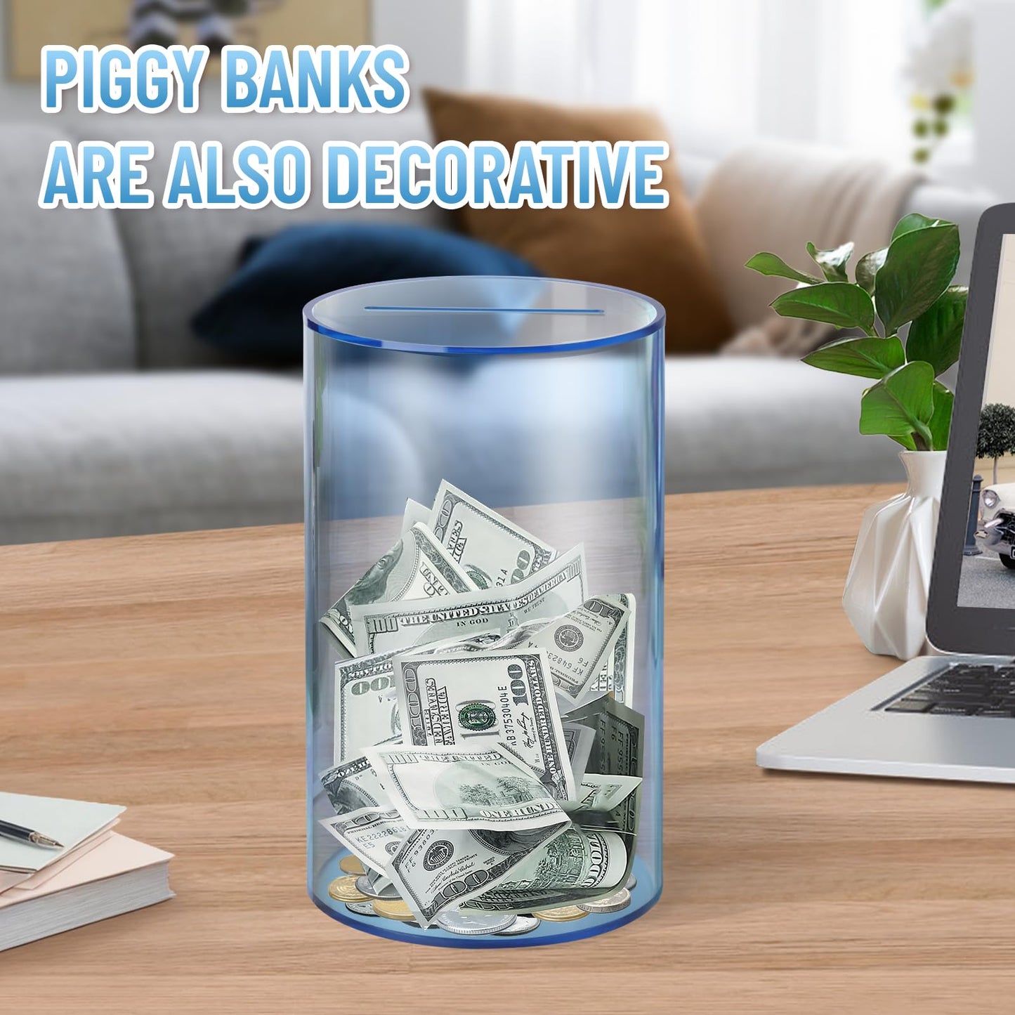Hizgo Clear Blue Piggy Bank For Adults And Kids, Unopenable Acrylic Savings Jar, Must Break To Open, Medium Size (8' H X 5' Diameter)