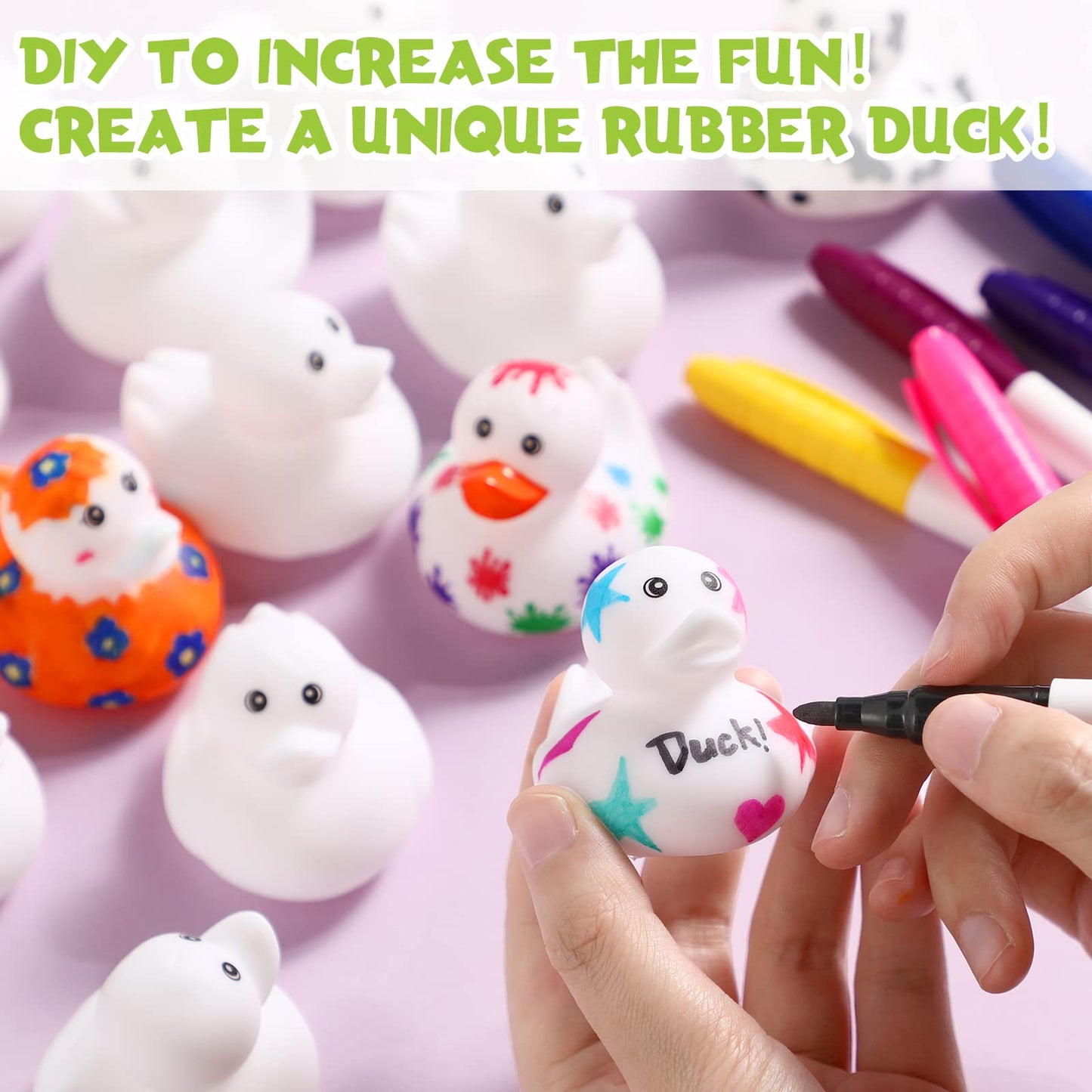 Jerify 24 Pcs 2 Inch White Blank Rubber Ducks Creative Rubber Ducks With Pens Of 12 Colors For Pool Bathtub Float Cute Valentine'S Day Diy Birthday Gifts Baby Party Favors For Kids