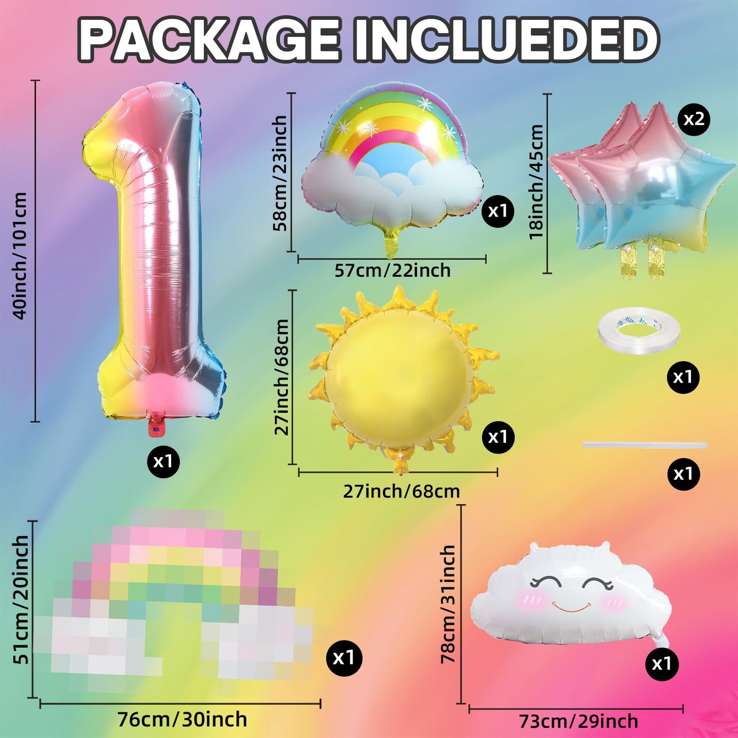 Rainbow Balloons 1St Birthday Decorations For Girls, First Birthday Decorations Girl, Rainbow Birthday Balloons Set With Sun Rai