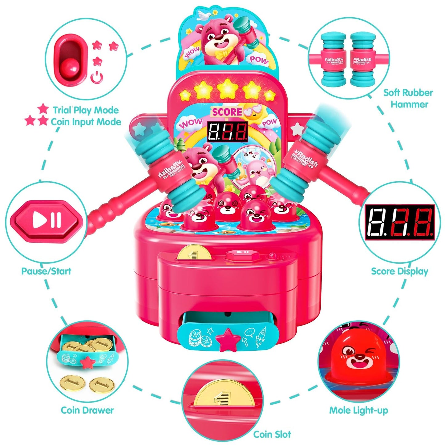 Yerloa Whack A Mole Game For Toddlers 2 3 4 5 Year Old Boy Girl Kids Easter Birthday Gift, Toys For Ages 2-4 4-6 Learning Interactive Educational Cause And Effect Toys With 2 Hammers, Music & Light