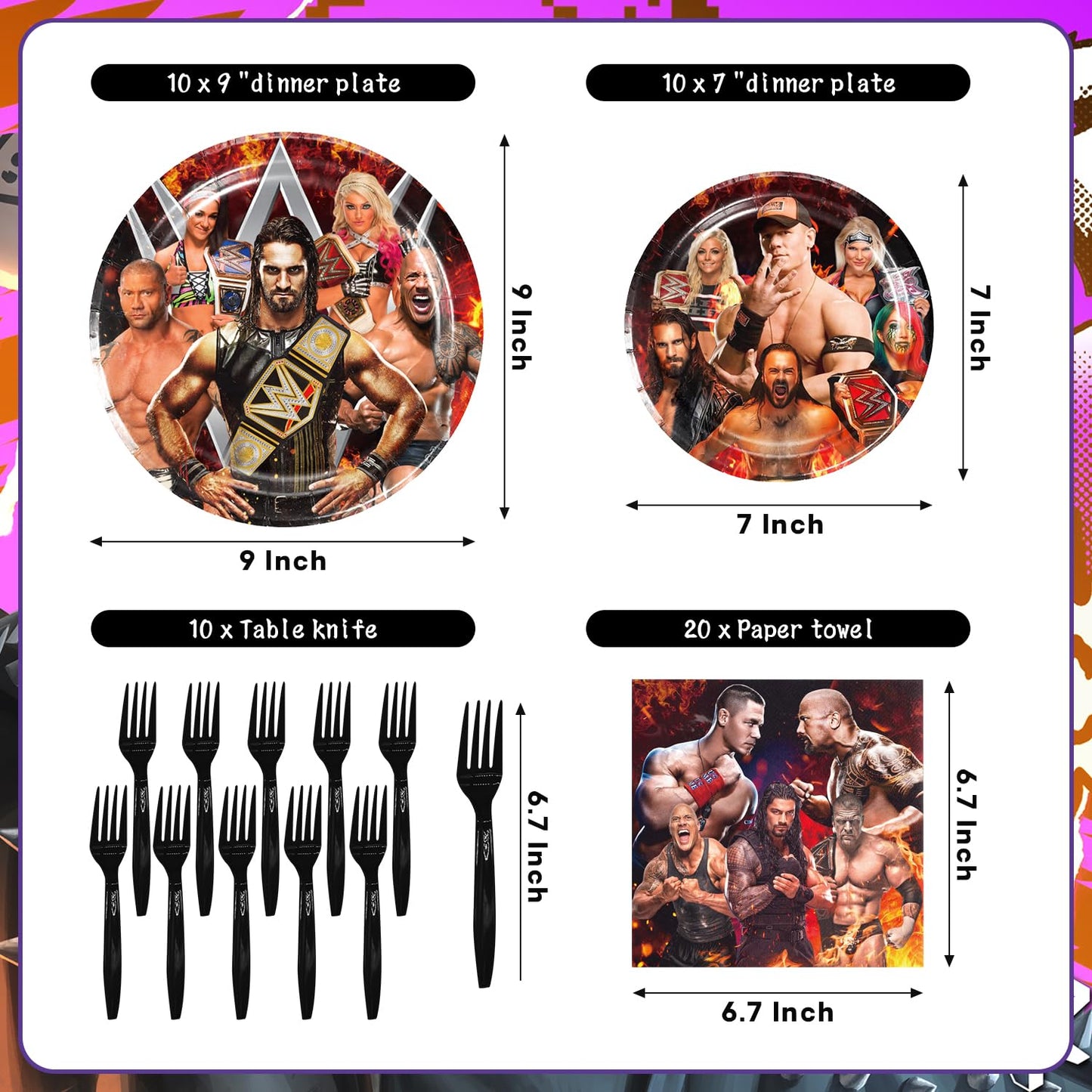 Wrestling Birthday Party Tableware Set, Include Wrestling Theme Party Tablecloth, Dessert Plates, Napkins, Forks, for Wrestling