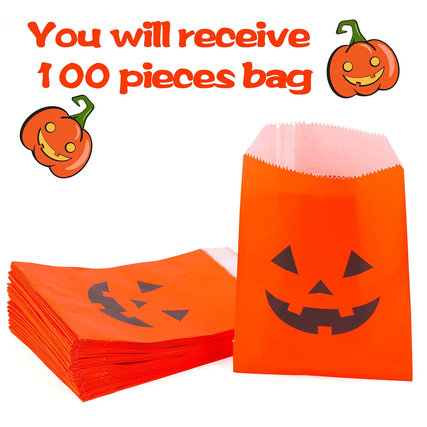 Kolewo4Ever 100 Pieces Halloween Pumkin Bags Halloween Treats Bags Halloween Paper Bags Pumkin Color Bags Jack-O-Lantern Pumpkin