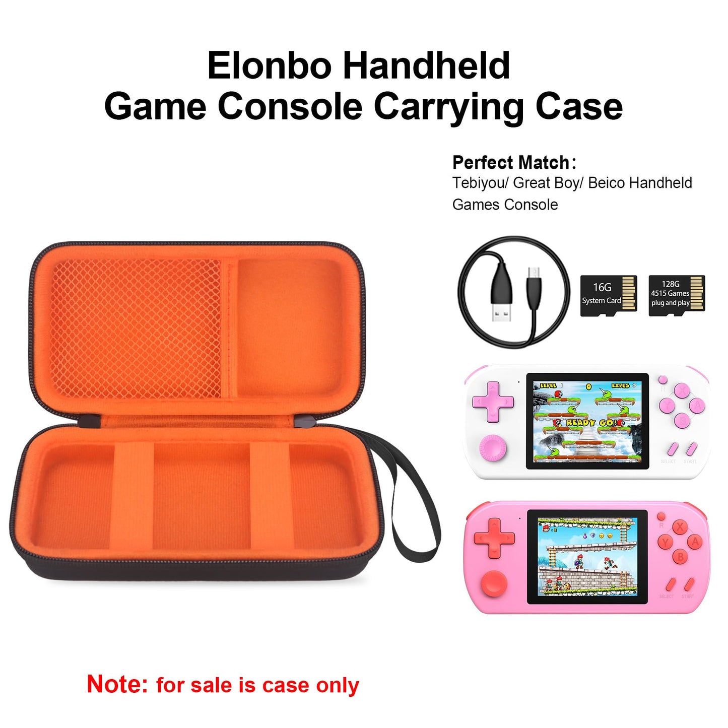 Elonbo Carrying Case for TEBIYOU/ Great Boy/ Beico Handheld Game Console Retro Video Games  Portable Gaming Player Travel Storage Cover  Mini Arcade Electronic Toy Holder Bag  Black+Inside Orange