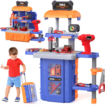 FunMission Kids Tool Bench Set 3 in 1, Toddler Tool Set, Kids Workbench with Realistic Toy Tool Box & Electronic Toy Drill, Tran
