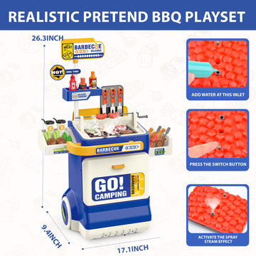 Kitchen Toys Playset,Kids Barbecue Grill Toy Set with Smoke, Sound& Light, Pretend Play Food BBQ Drill Cooking Game Toys,Indoor&
