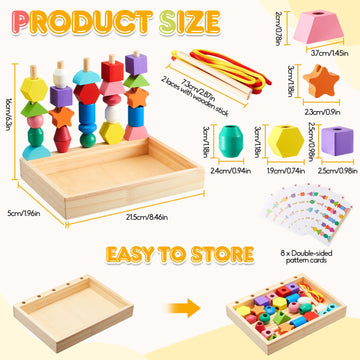 Montessori Wooden Toys, Lacing Beads & Stacking Block & Matching Shape Stacker, Montessori Wooden Beads Sequencing Toy Set, Stem