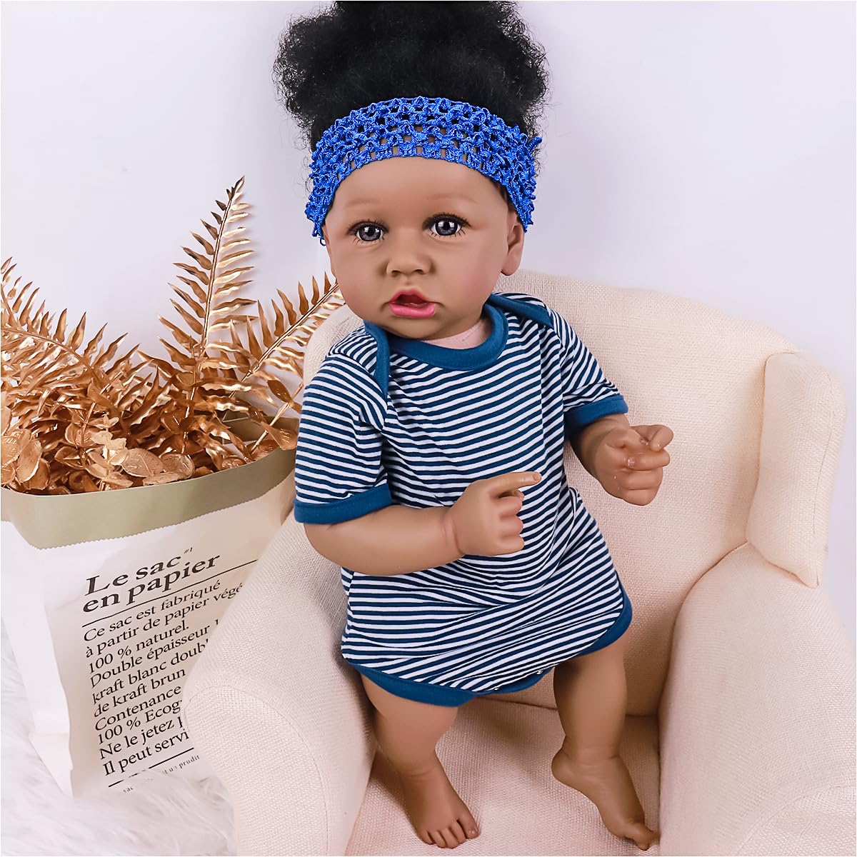 Maihao Reborn Baby Dolls Black Girl With Soft Body African American Real Life Babies Girl That Look Lifelike Newborn Baby Open Eyes 22Inch (Blue)
