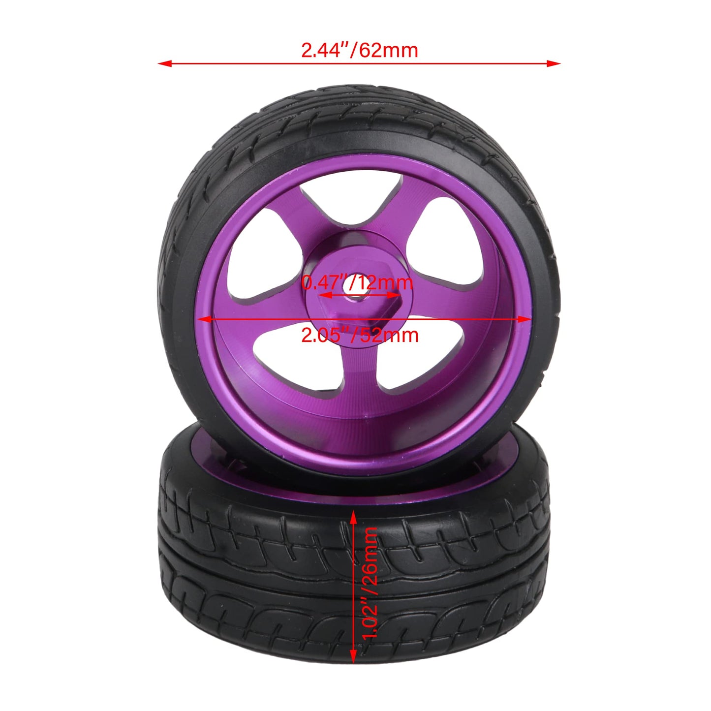 Mxfans 4 Aluminum 5 Spoke Purple Wheel Rim & 4 Black Tyre for RC1:10 On-Road Car