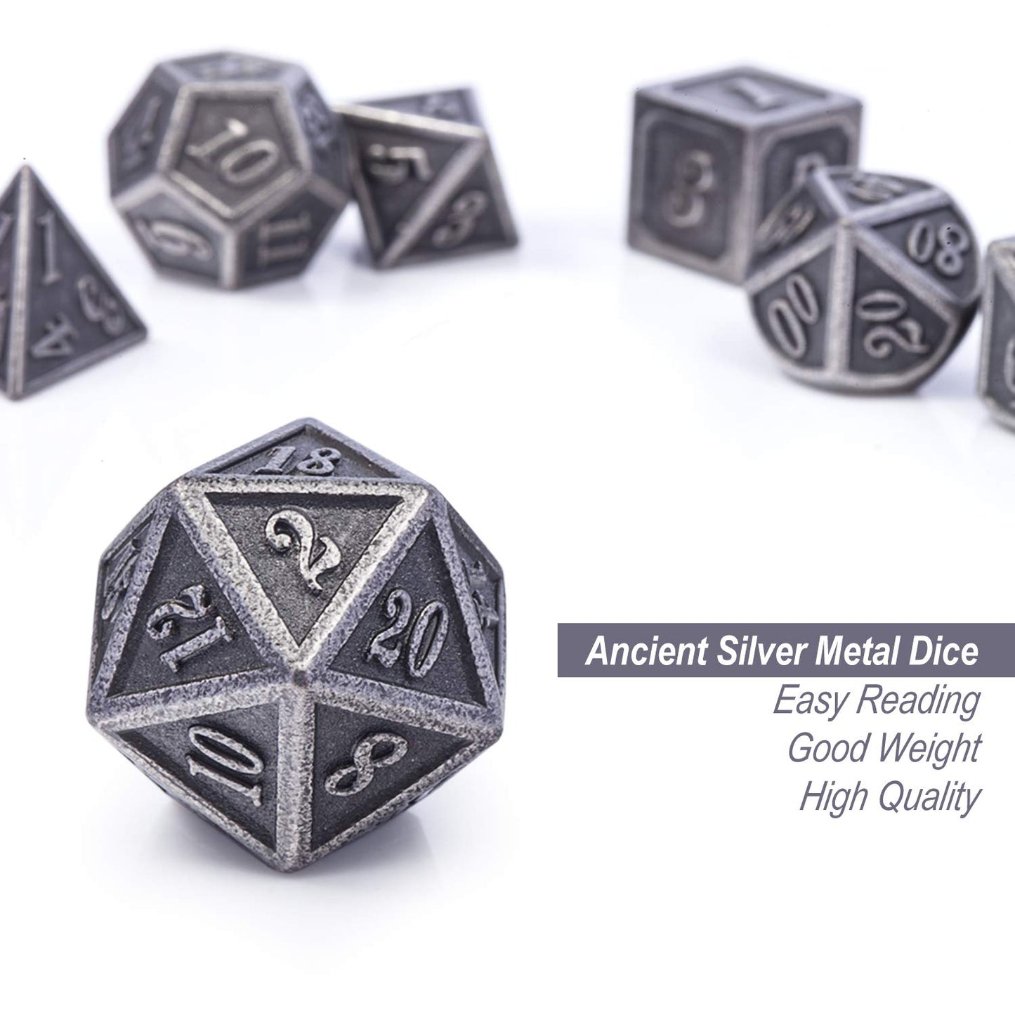 DnDnD Acient Silver Metal DND Dice Set, 7PCS D&D Metal Dice with Metal Case for Dungeons and Dragons, Shadowrun, Pathfinder, Sav