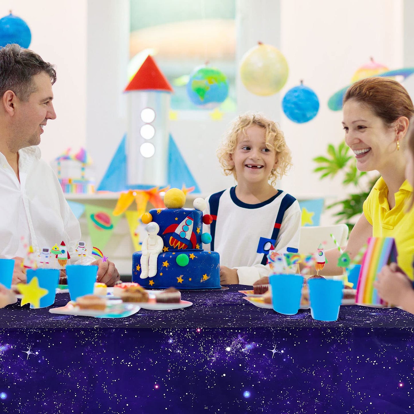Tatuo 3 Pack Galaxy Plastic Table Cover Space Tablecloth Space Star Purple Nebula Rectangle Tablecloth Disposable Starry Night S