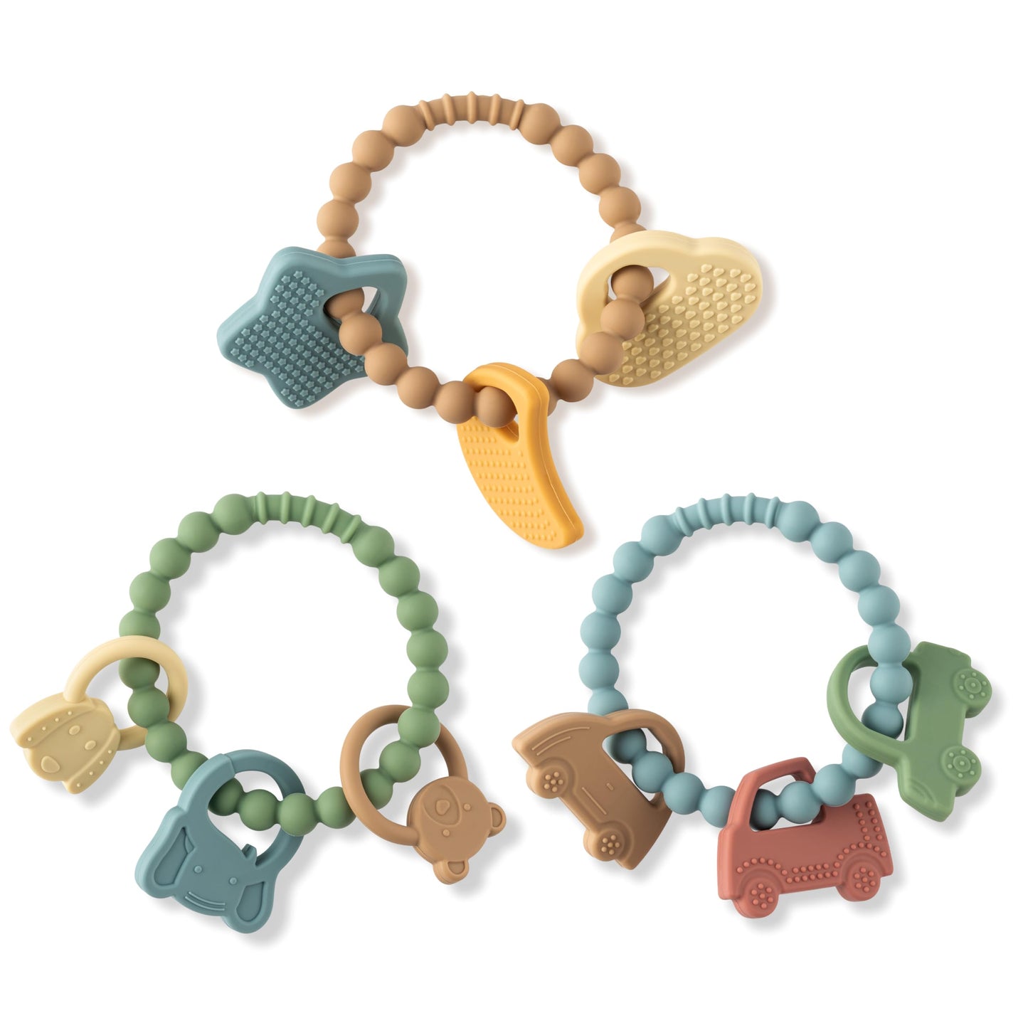 2ooya Silicone Babies Teether Toys - 3Pcs Teething Ring with Rattles, Animal Car Themed Infant Toddle Sensory Chew Toys for Newb