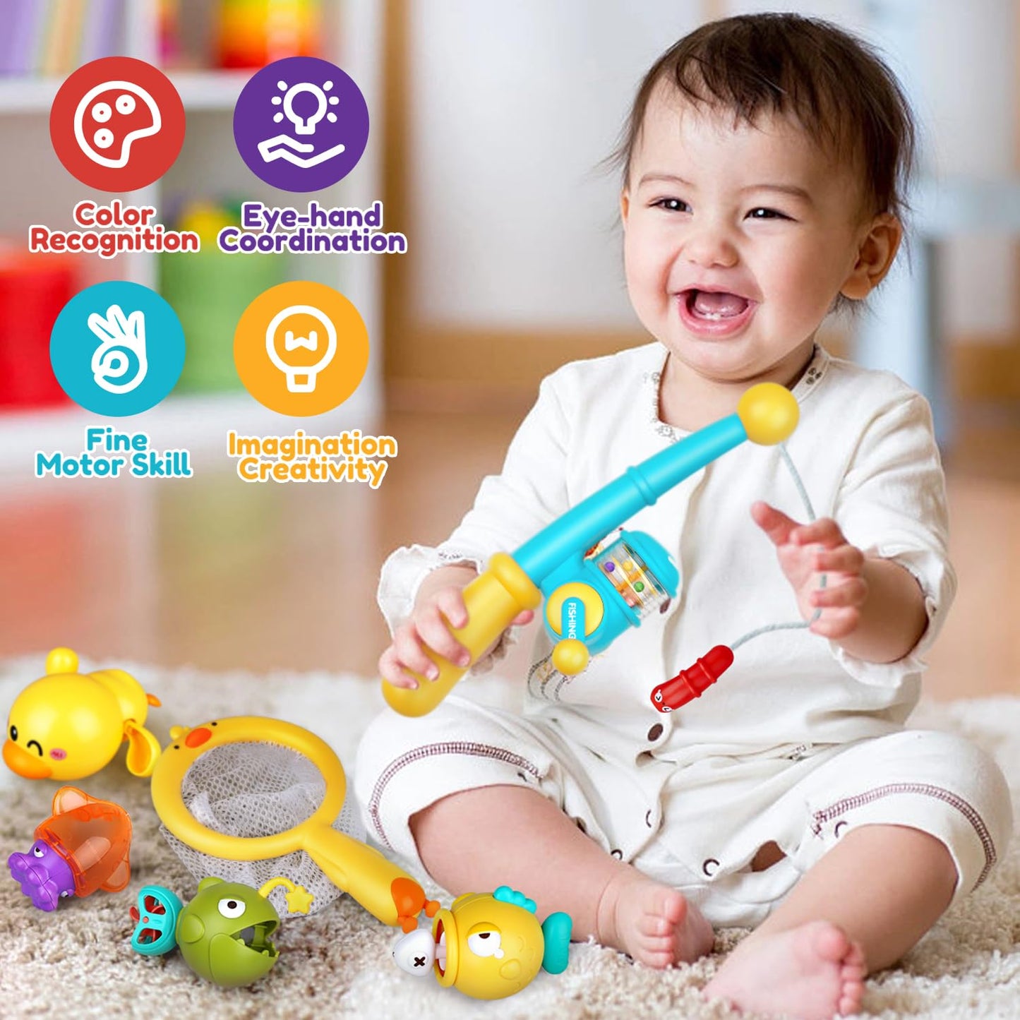 Baby Bath Toys For Kids Ages 1-3, Magnetic Fishing Games With Floating Bathtub Wind-Up Toys & Fishing Net, Fishing Rod Water Poo