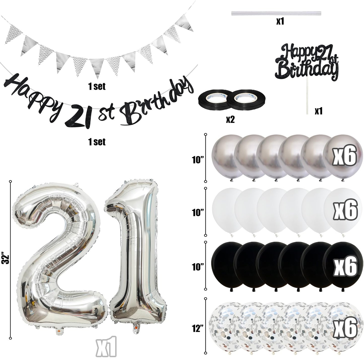 21St Birthday Decorations For Him Her, Happy 21St Birthday Banner With Black Silver White 21St Birthday Balloons Birthday Cake T