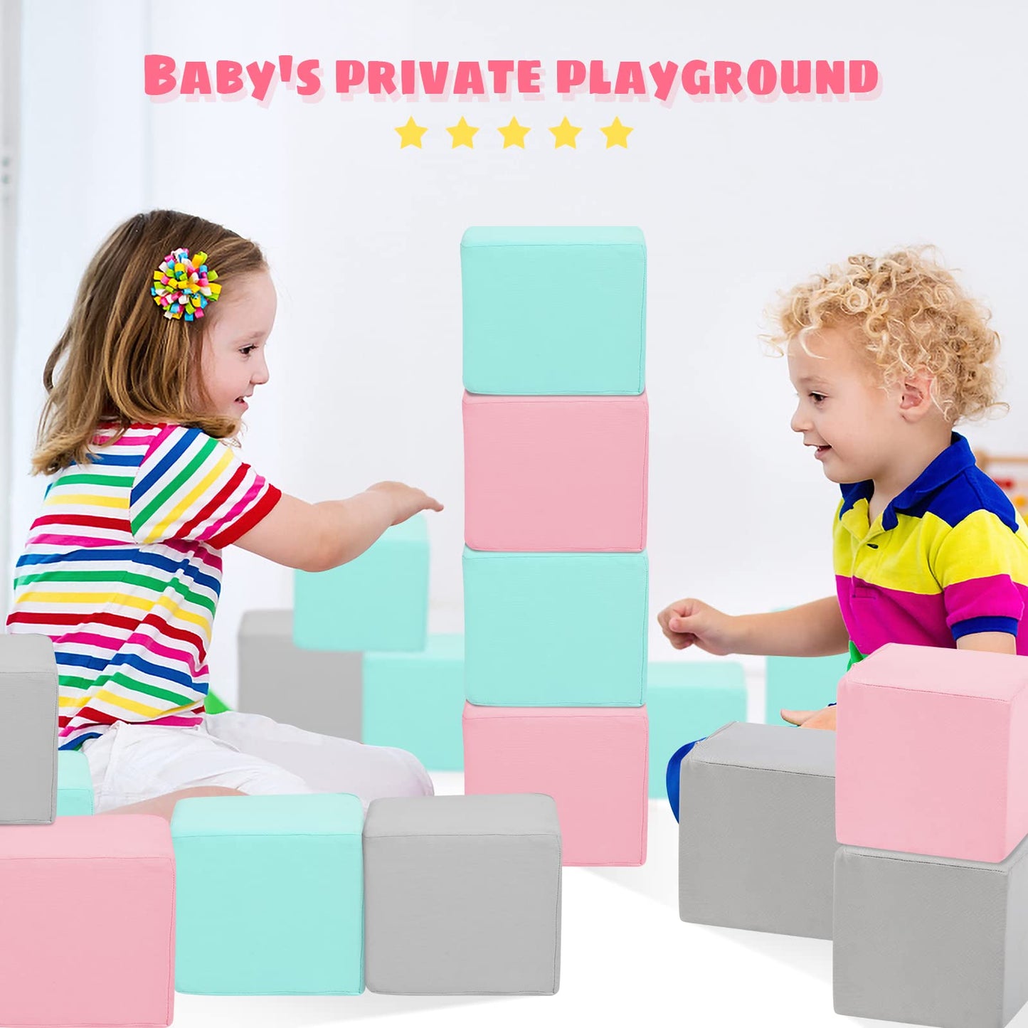 TRENDBOX 6 Pcs Toddler Foam Blocks  5.5inch Soft Foam Cubes with Detachable Washable Cover  Soft Play Blocks for Toddlers and Kids (Light Gray & Pink  Blue)