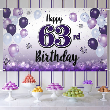 LASKYER Happy 63rd Birthday Decorations,63rd Purple Balloon Large Birthday Banner Backdrop Sign,63 Years Old Bday Party Supplies