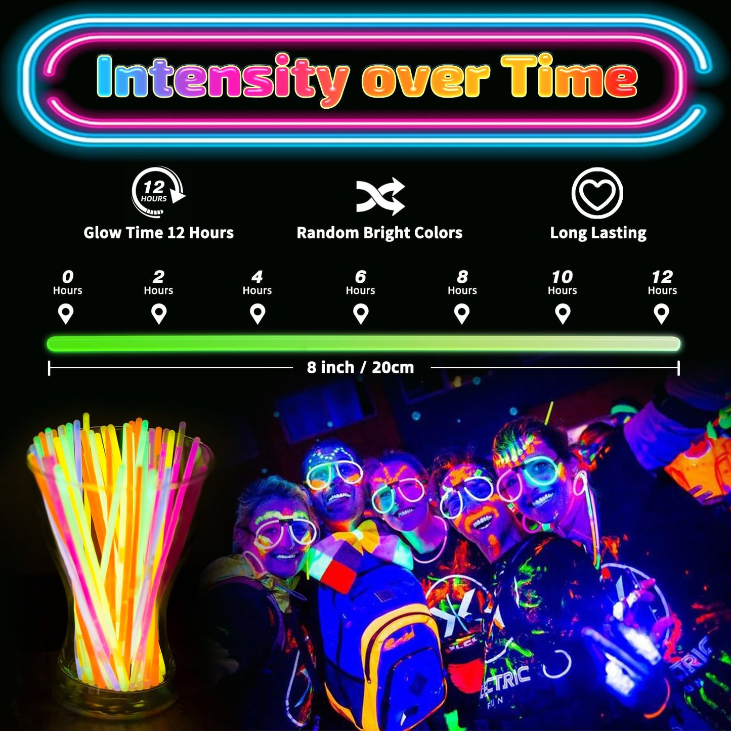 HONLYNE 200 Pcs Glow Sticks Bulk Party Pack, 8 Glow in the Dark Party Supplies, Glow in the Dark Light Up Sticks with Connecto