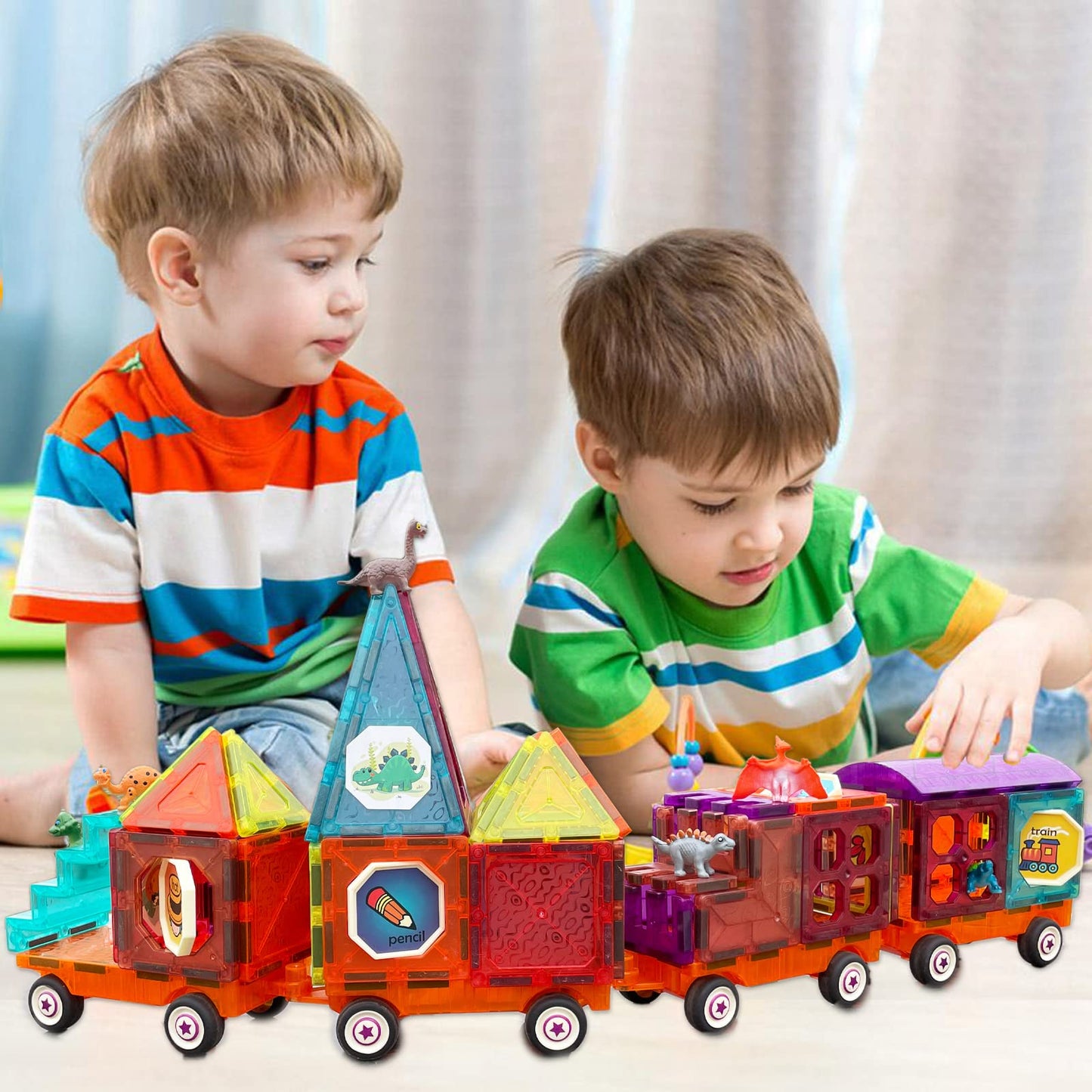 Magnetic Tiles Building Blocks With 4 Cars Magnet Train Set For Kids Construction Stem Toy Preschool Educational Creativity Lear