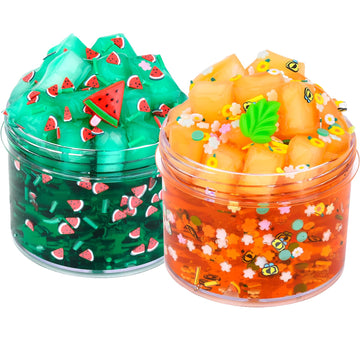 2 Pack Jelly Cube Crunchy Slime Kit, With Leaves And Watermelon Charms Crystal Clear Crunchy Slime, Super Soft Putty Supplies To