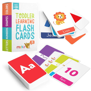 Merka Toddler Flash Cards, Set Of 58 Alphabet, Letters, Colors, Shapes And Numbers, Baby Learning Cards, Educational, Preschool, Toddler Flashcards, Double-Sided, For Toddlers 1-4 Years