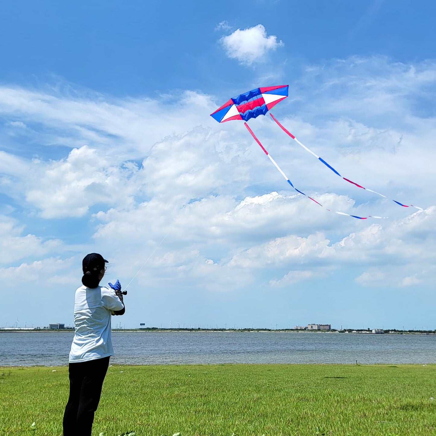 Beach Kites For Adults Large With Long Tail, 98 Inches Super Easy Flyer 3D Rainbow Box Kites, Come With 49 Feet Multi Colors Tails X 2, 300 Ft Kite String & Handle (Red, White & Blue)