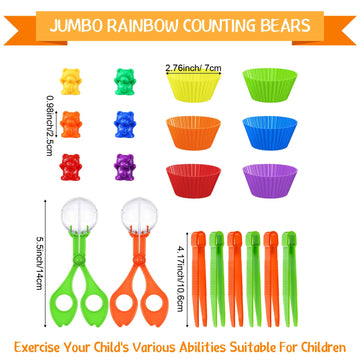 74 Pieces Counting Sorting Bears Fine Motor Skills Handy Scoopers Set Includes 60 Cute Rainbow Sorting Bears, 6 Jumbo Tweezers, 2 Scissors Clips And 6 Colorful Cups For Children Over 6