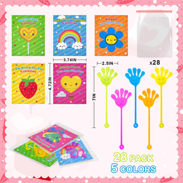 Preschool Valentines Gifts For Kids Class 28 Pack, Valentines Day Slappy Sticky Hands Toys With School Exchange Cards, Valentine