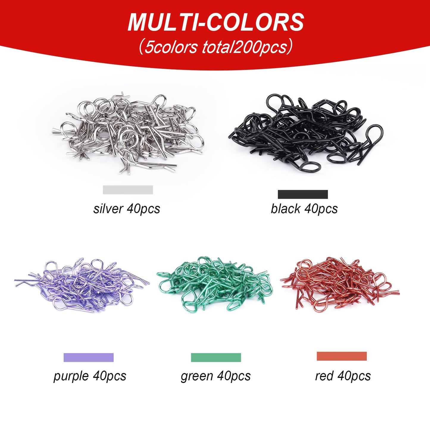 FriHobby 200 PCS Universal Bent RC Body Clips Colorful R Clips for All 1/10-1/16 Scale for Traxxas Redcat HPI Tamiya HSP Exceed