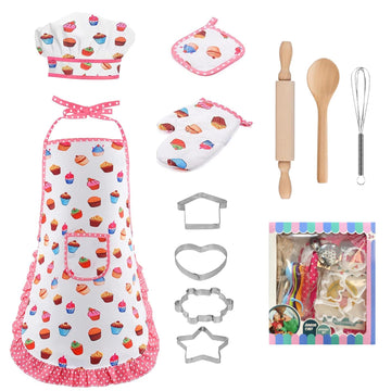 MEIDAYAI 11 PCS Kids Baking Set for Girls, Chef Costume with Adjustable Apron & Hat, Pretend Play Kitchen Toys for Toddlers 3-8,
