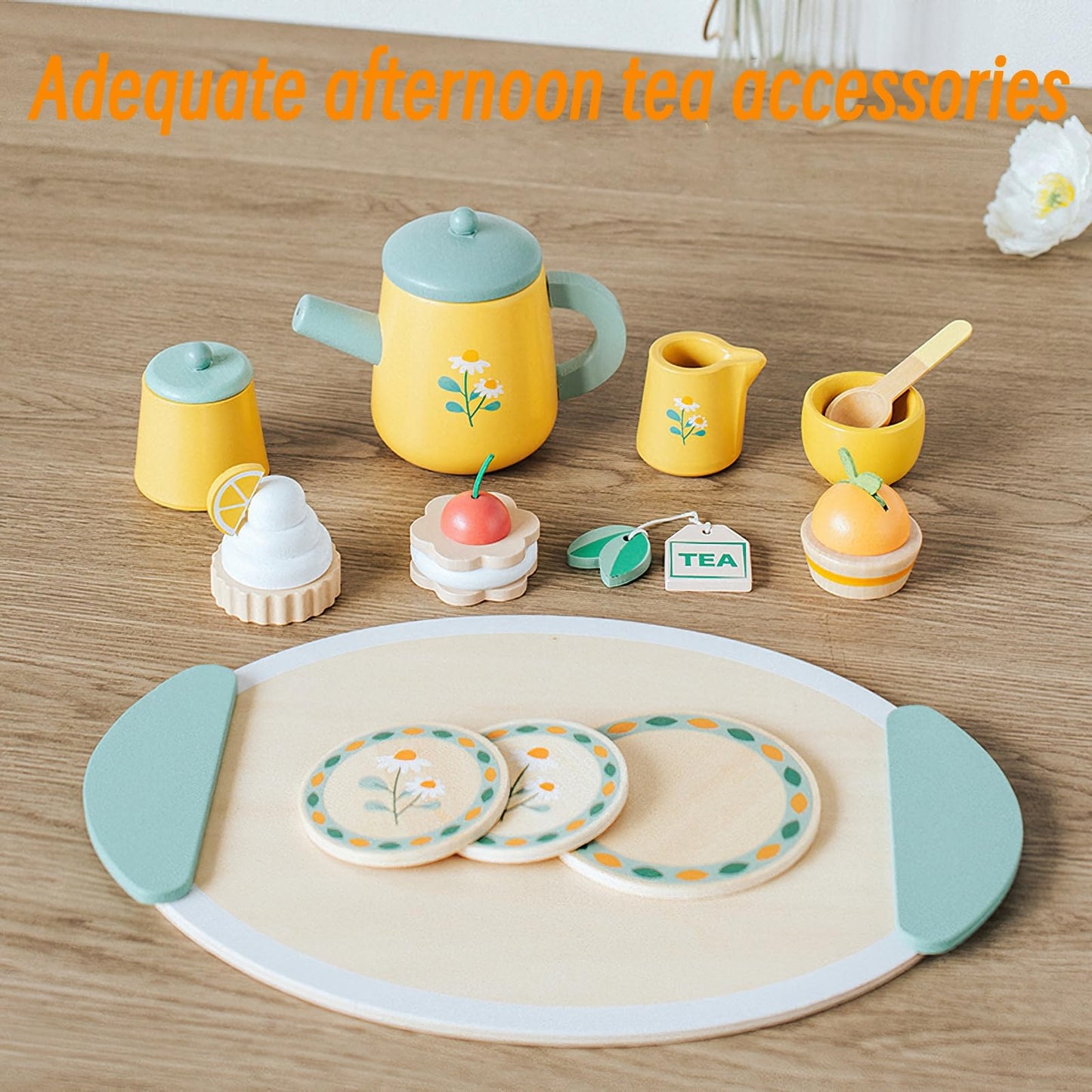 Wooden Tea Party Set For Little Girls, Pretend Play Kids Toys For Toddlers, Wood Play Food Kitchen Accessories (Royal Tea)