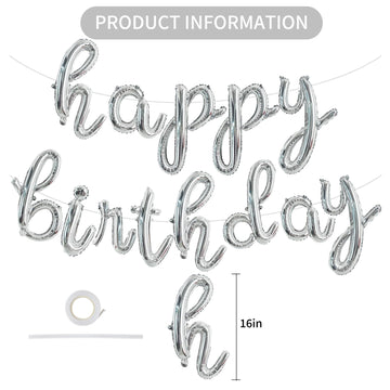 Toniful Silver Happy Birthday Balloons Banner,Cursive Happy Birthday Balloons Silver Birthday Decorations Silver Mylar Foil Birt
