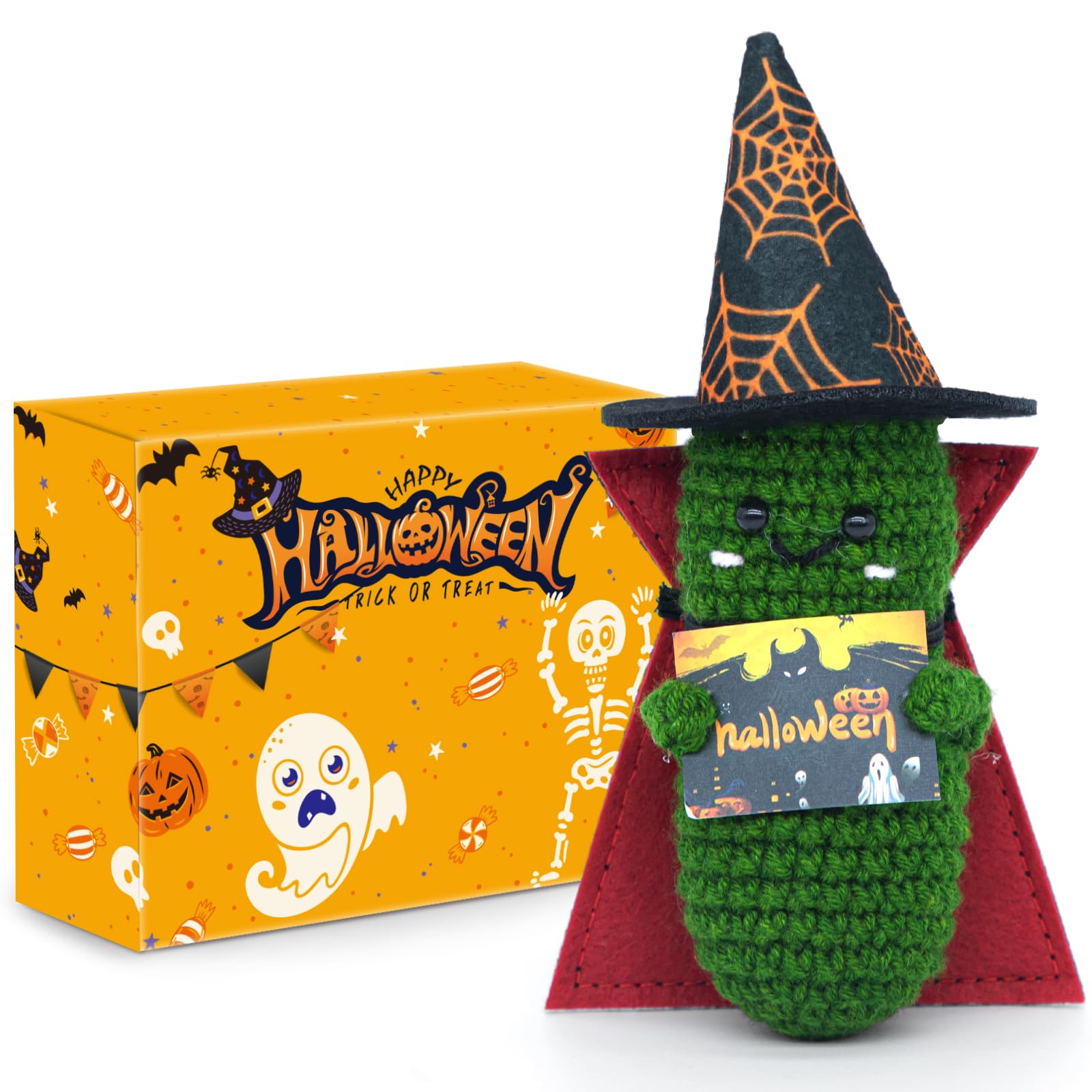 Unique Gifts for Halloween Kids and Teens - Mini Funny Emotional Support Pickle with Magic Hat and Cloak - Cute Knitted Plush Doll Halloween Decoration for Women  Toddlers  mature-themed