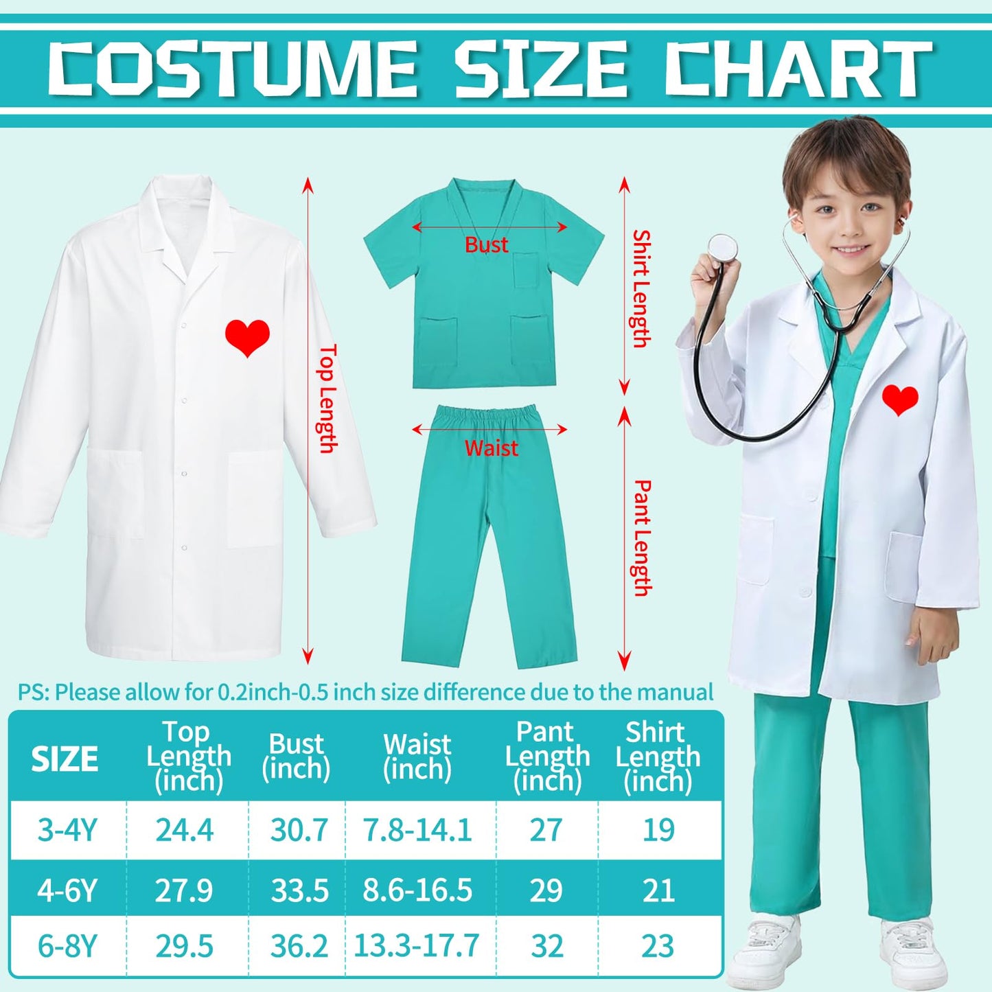 Parttely Doctor Costume For Kids, Halloween Costumes Career Day Costume For Kids Aged 3-8, Kids Scrubs With Lab Coat