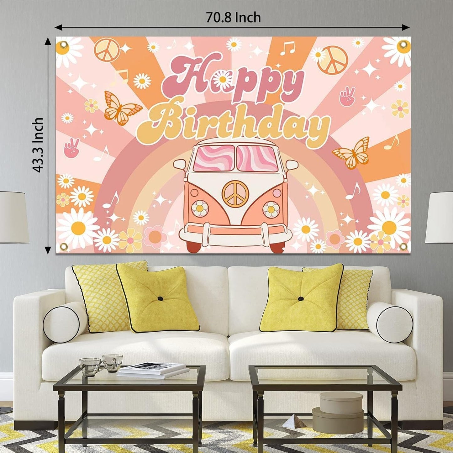 Mocsicka Groovy Birthday Banner, Yellow Retro Hippie Party Decor, 70.8 x 43.3 Inch, for Girls & Kids Indoor/Outdoor
