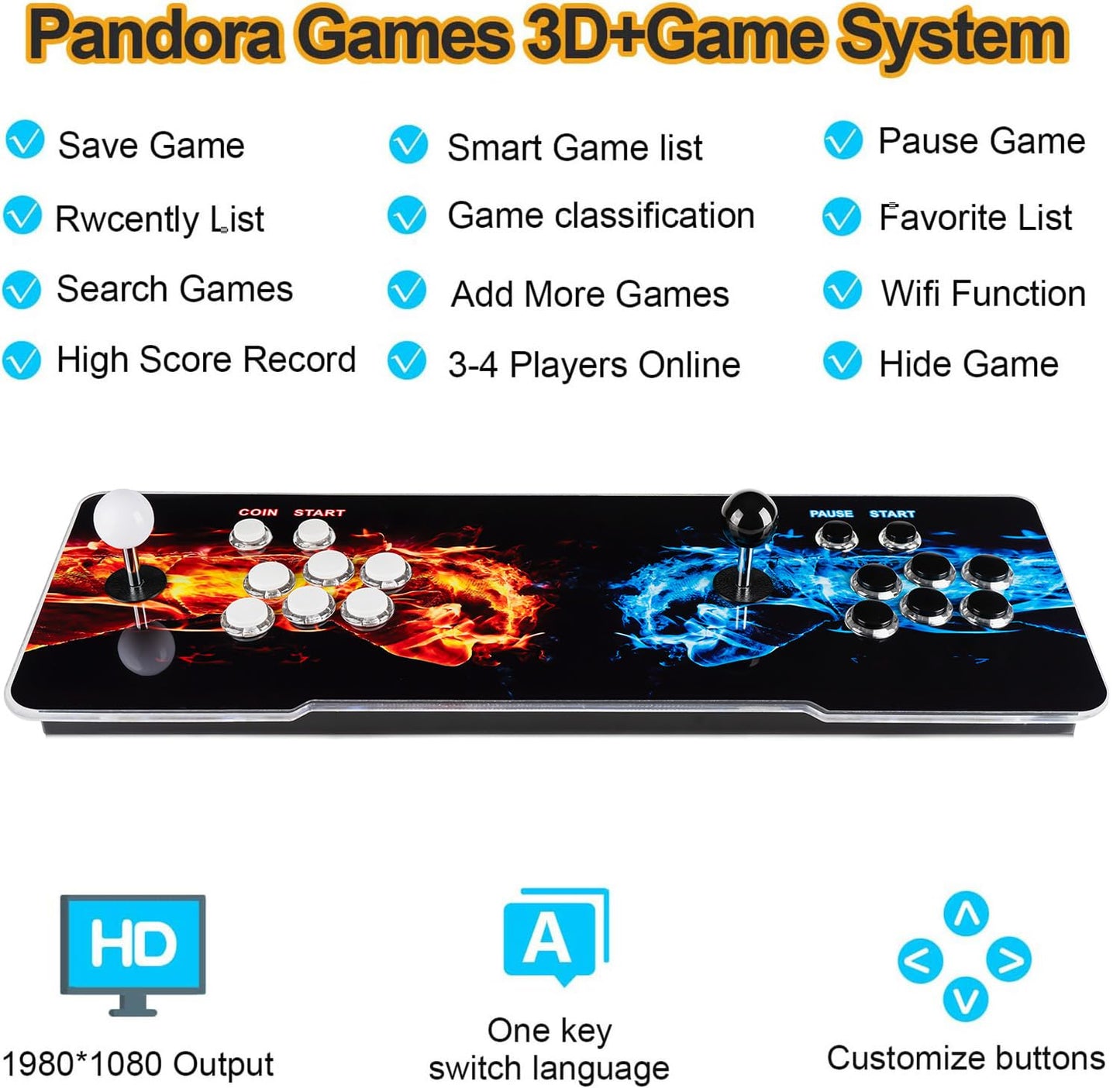 TOJASDN 10000 Games in 1 Pandoras Box Arcade Game Console, 3D Double Stick WiFi Arcade Machine for PC, Projector & TV, Favorite