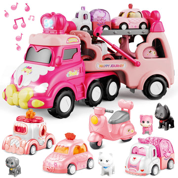 seveclotree 9 in 1 Carrier Truck Cars Toys for Girls Toddlers,Pink Princess Girl Car with Light and Sound,Toddler Girl Toys Age 