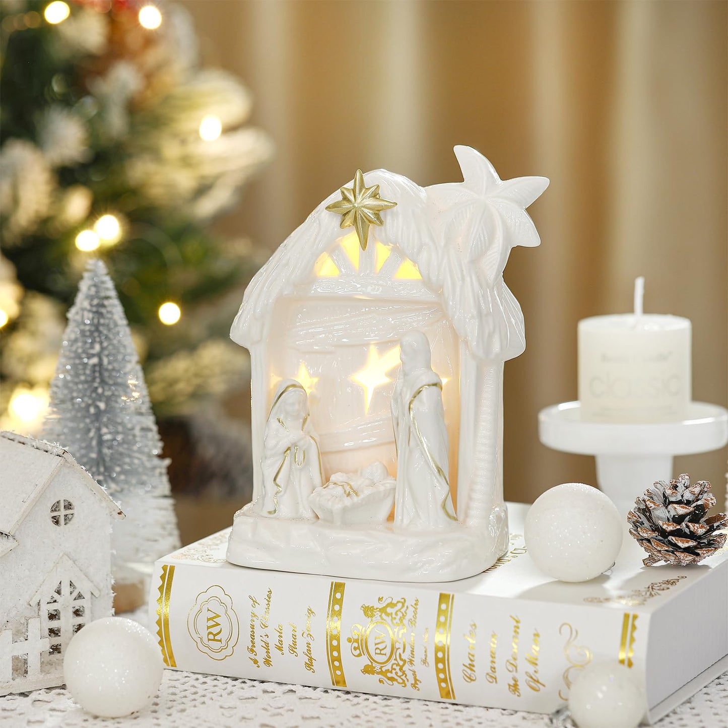 Cindeer Nativity Set for Christmas Indoor,Ceramic Nativity Scene with Light, Porcelain Statue Sculpted Hand Painted Figurine, Ho