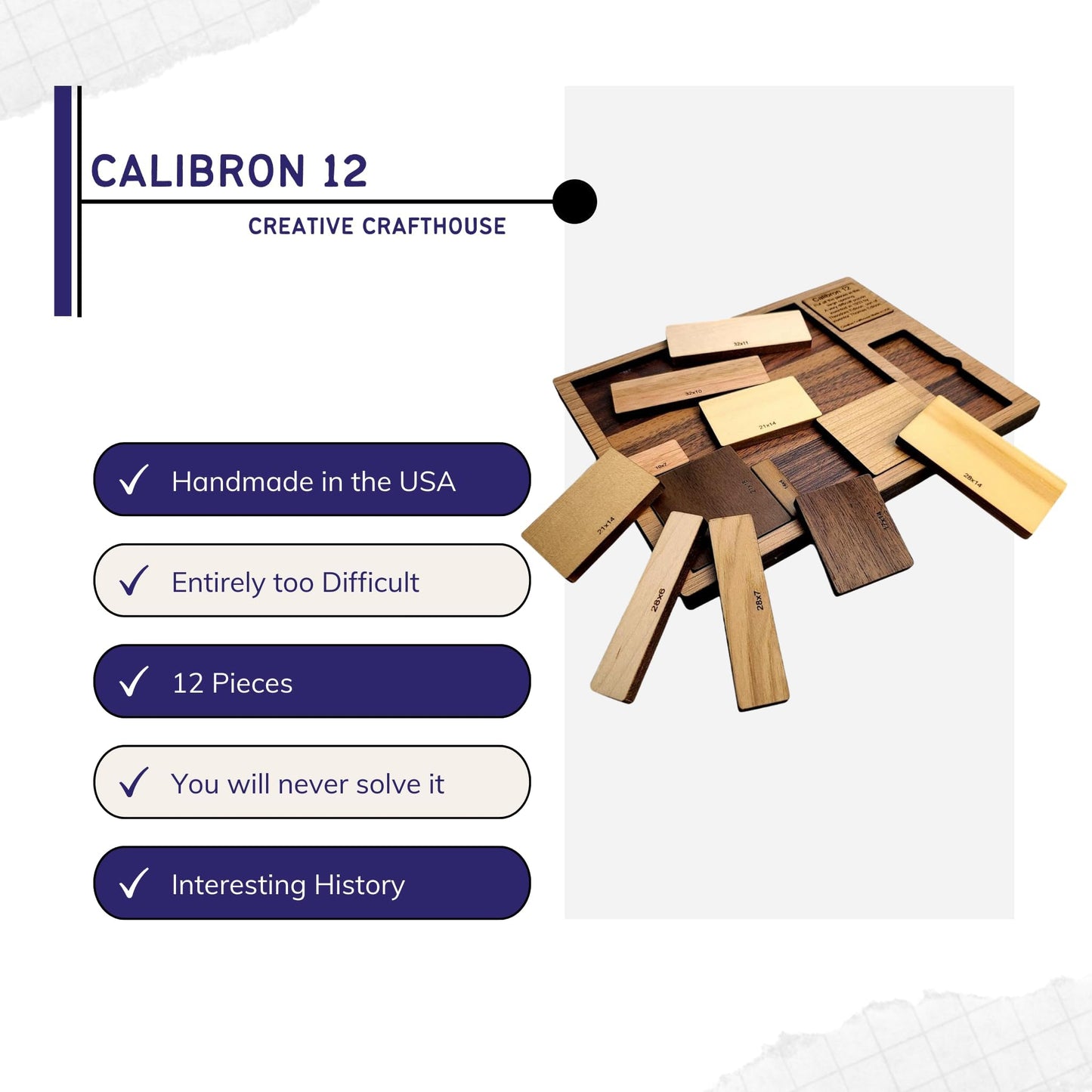 Creative Crafthouse Calibron 12 Wooden Puzzle - Hardest Brain Teaser for Adults & Teens - Natural Wood Colors