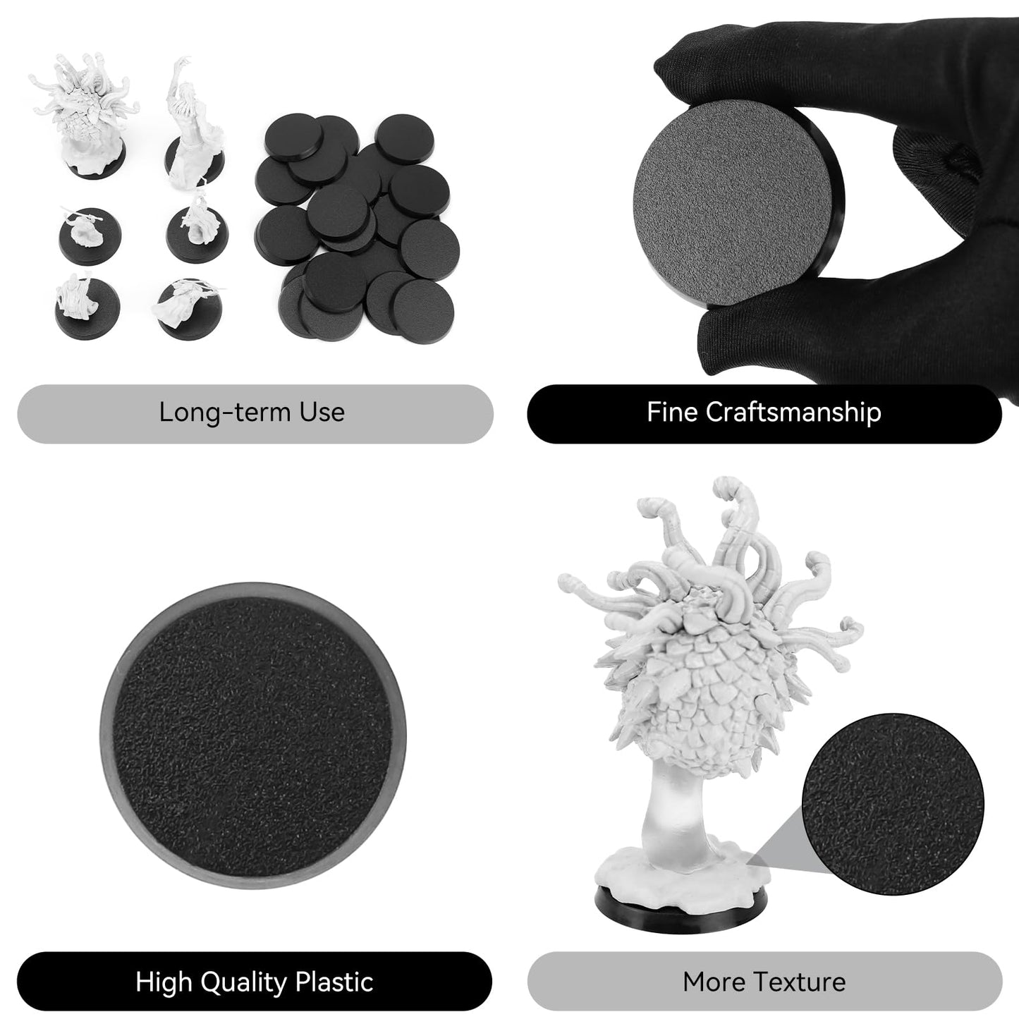 Titawu 100Pcs Miniature Bases+120Pcs Adhesive, 40Mm/1.57Inch Textured Plastic Black Round Model Base For Gaming Miniatures Or Wa